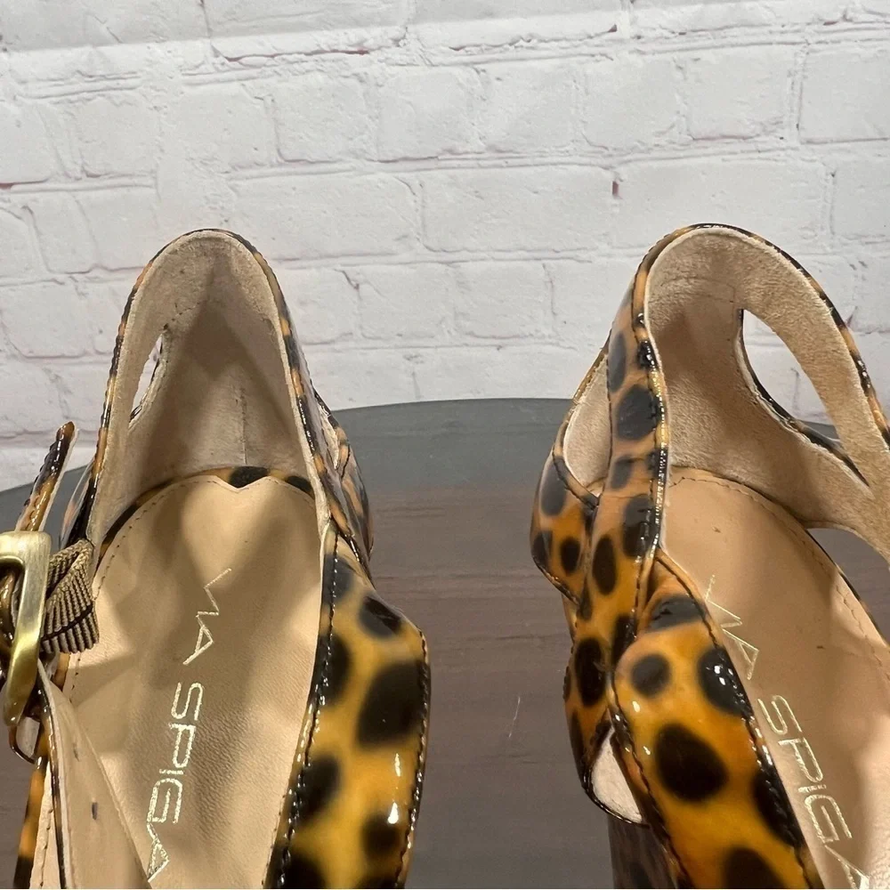 VIA SPIGA leopard print patent leather platform ankle wrap sandals size 7.5 GUC